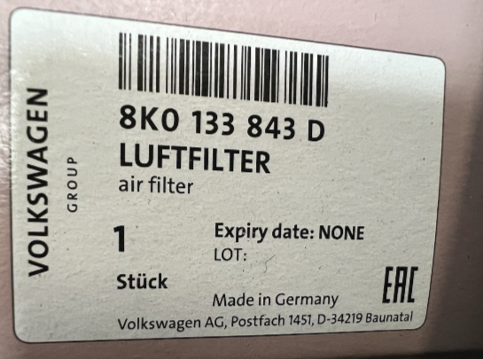 New Genuine Audi A4 / S4 / A5 / S5 / Q5 Air Filter Element 8K0133843D