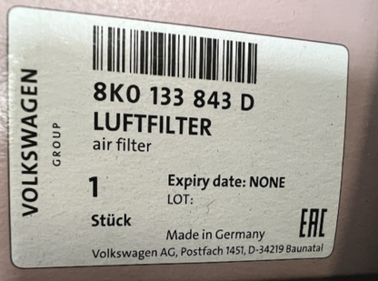 New Genuine Audi A4 / S4 / A5 / S5 / Q5 Air Filter Element 8K0133843D